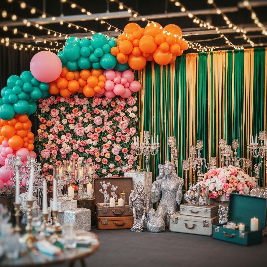 A vibrant collection of balloon garlands, flower walls, fairy lights and event props