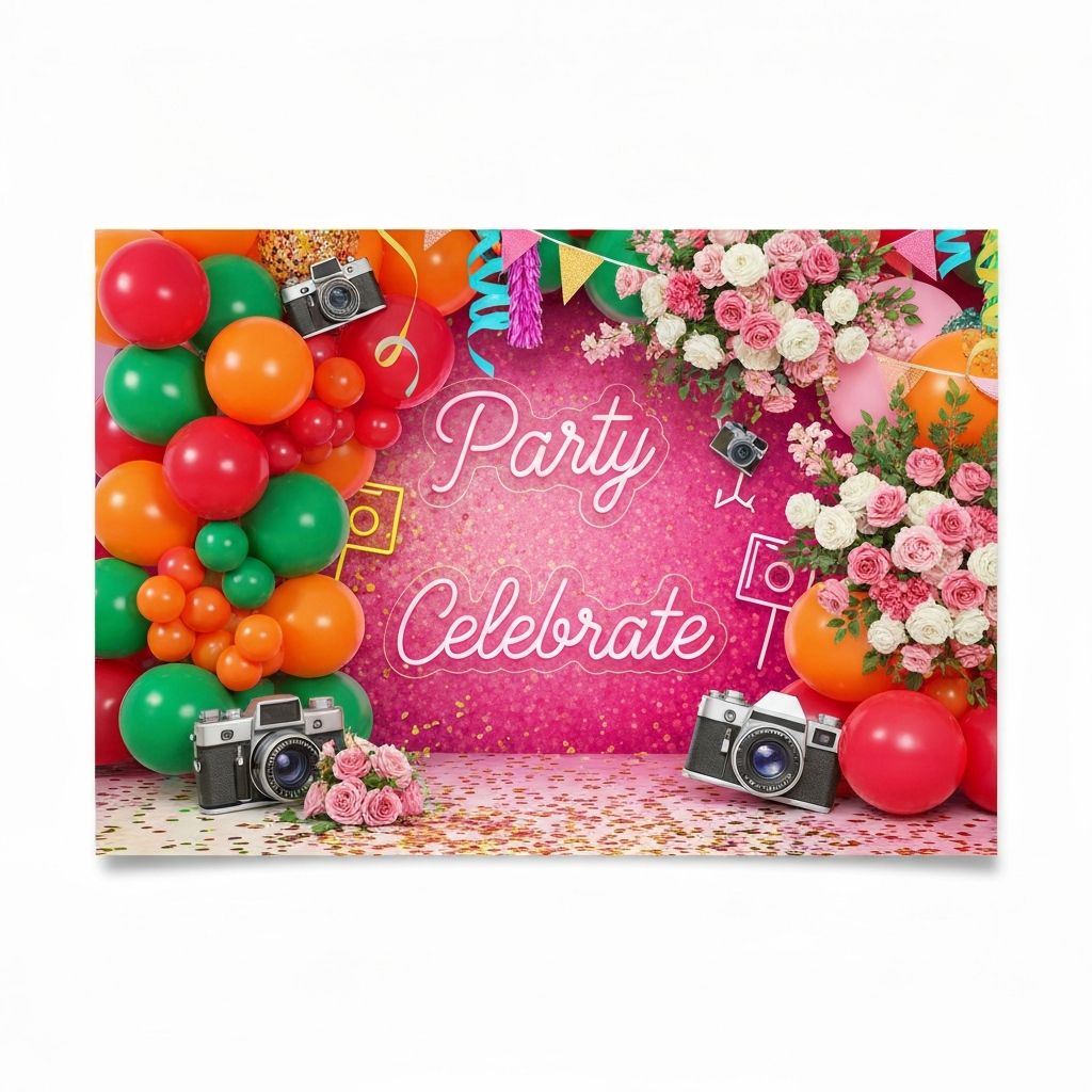 Colourful balloon and flower-wall backdrop with neon sign and festive props