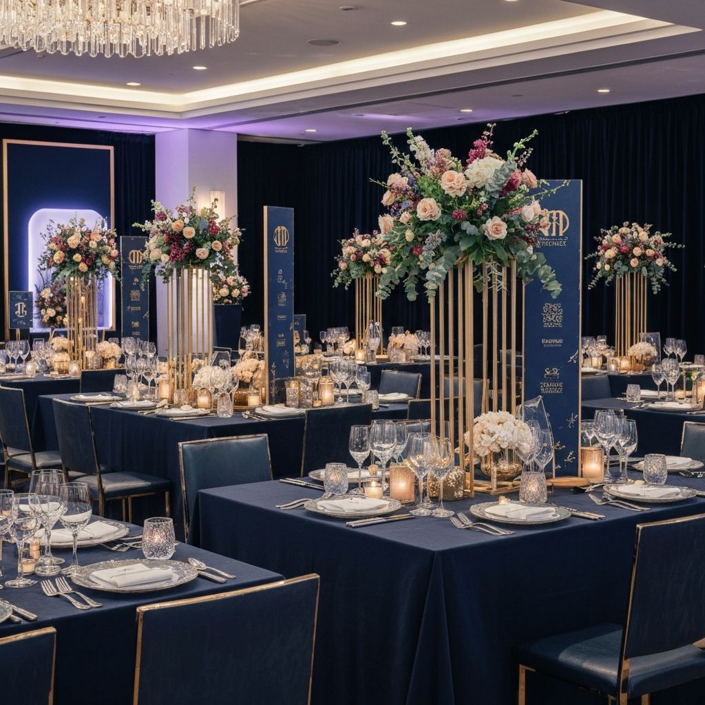 Corporate event with branded table centrepieces, floral arrangements and ambient lighting