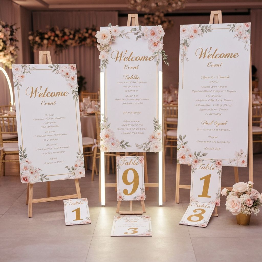 Custom event signage with elegant typography, floral accents and gold and white colour palette
