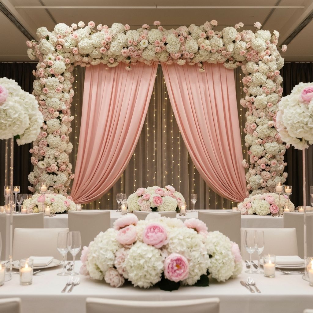 Elegant wedding venue with white and blush-pink floral arch, draped fabric and fairy lights
